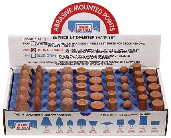 Made in USA - 100 Piece Aluminum Oxide Vitrified Mounted Stone Abrasive Point Set - Includes Shapes A4, A12, A14, A21, A32, A37, A39, A40, W206 & W218 - All Tool & Supply