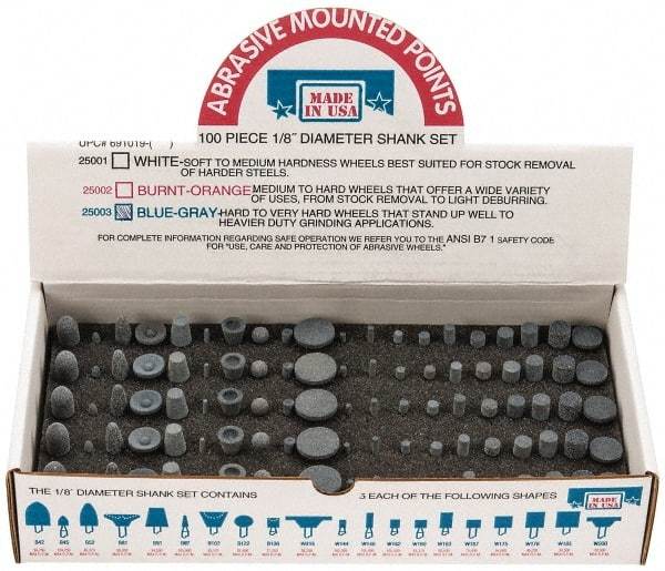 Made in USA - 100 Piece Aluminum Oxide Vitrified Mounted Stone Abrasive Point Set - Includes Shapes B42, B45, B52, B81, B91, B97, B102, B122, B136, W144, W146, W152, W160, W163, W167, W175, W176, W185, W200 & W215 - All Tool & Supply