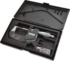 Mitutoyo - 1 Inch, 1.2598 Inch Throat Depth, Electronic Spline Micrometer - Accurate Up to 0.0001 Inch, 1/4 Inch Spindle Diameter, 0.18mm Head Diameter, Ratchet Stop Thimble, Data Output - All Tool & Supply