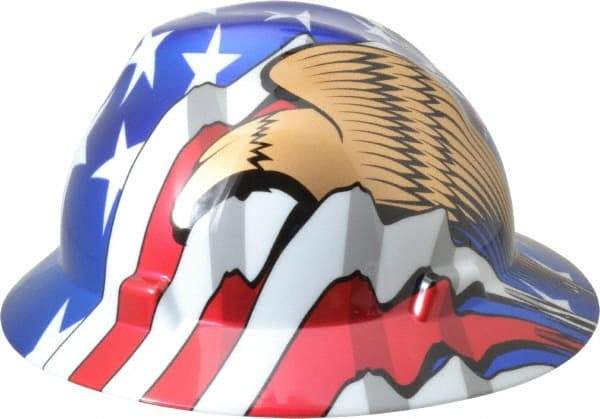 MSA - ANSI Type I, Class E Rated, 8-Point, Ratchet Adjustment Hard Hat - Size 6-1/2 to 8, Colored Graphics, Full Brim, American Flag with Eagles - All Tool & Supply