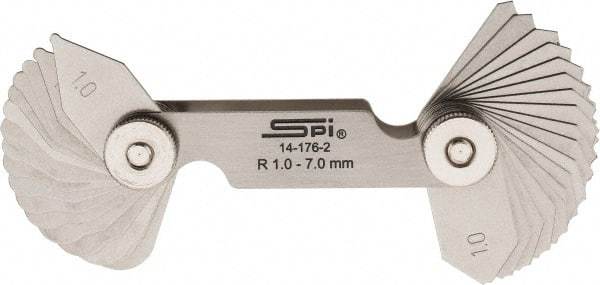 SPI - 34 Piece, 1 to 7 mm Radius, Stainless Steel Radius Gage Set - Style B, 0.25 mm Graduation - All Tool & Supply