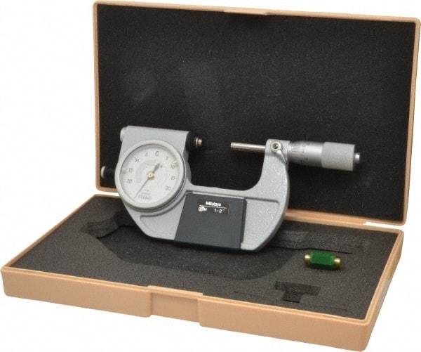 Mitutoyo - 1 to 2 Inch Range, 0.0001 Inch Graduation, Mechanical Indicating Micrometer - Accurate to 0.0001 Inch, Carbide-Tipped Measuring Face, Includes Fitted Plastic Case - All Tool & Supply