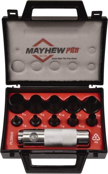 Mayhew - 11 Piece, 1/8 to 3/4", Hollow Punch Set - Round Shank, Alloy Steel, Comes in Plastic Case - All Tool & Supply