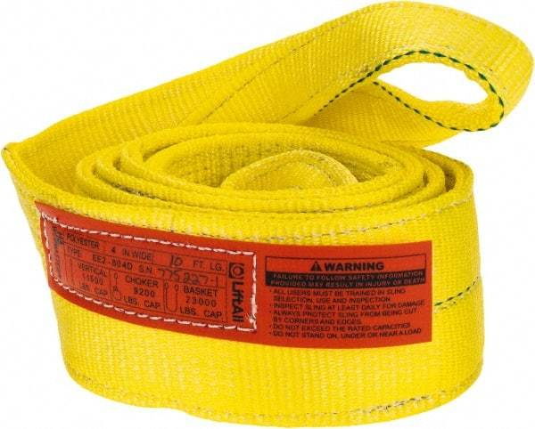 Lift-All - 10' Long x 4" Wide, 11,500 Lb Vertical Capacity, 2 Ply, Polyester Web Sling - 9,200 Lb Choker Capacity, Yellow - All Tool & Supply