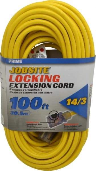 Value Collection - 100', 14/3 Gauge/Conductors, Yellow Outdoor Extension Cord - 1 Receptacle, 13 Amps, 125 Volts, UL SJTW, NEMA 5-15R - All Tool & Supply