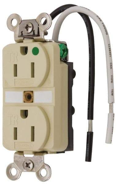 Hubbell Wiring Device-Kellems - 125 VAC, 15 Amp, 5-15R NEMA Configuration, Ivory, Hospital Grade, Self Grounding Duplex Receptacle - 1 Phase, 2 Poles, 3 Wire, Flush Mount, Chemical, Corrosion and Impact Resistant, Tamper Resistant - All Tool & Supply