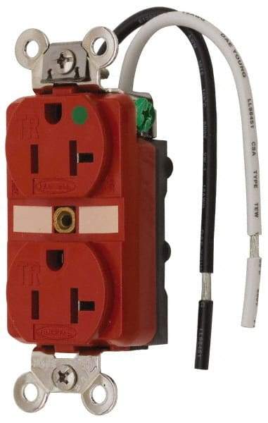 Hubbell Wiring Device-Kellems - 125 VAC, 20 Amp, 5-20R NEMA Configuration, Red, Hospital Grade, Self Grounding Duplex Receptacle - 1 Phase, 2 Poles, 3 Wire, Flush Mount, Chemical, Corrosion and Impact Resistant, Tamper Resistant - All Tool & Supply