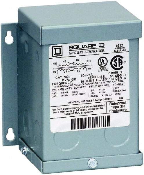 Square D - 1 Phase, 240 x 480 Volt Input, 120/240 Volt Output, 1.5 kVA, General Purpose Transformer - 3R NEMA Rating, 239°F Temp Rise, Indoor, Outdoor - All Tool & Supply