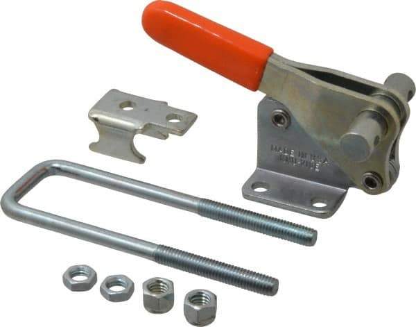 Lapeer - 2,000 Lb Capacity, Vertical, U Hook, Flanged Base, Carbon Steel Pull Action Latch Clamp - 2-1/2" Drawing Movement, 5.21" OAL, Straight Handle - All Tool & Supply