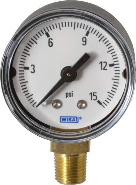 Wika - 1-1/2" Dial, 1/8 Thread, 0-15 Scale Range, Pressure Gauge - Lower Connection Mount, Accurate to 3-2-3% of Scale - All Tool & Supply