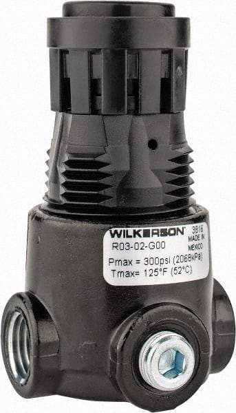 Wilkerson - 1/4 NPT Port, 15 CFM, Zinc Miniature Regulator - 2 to 125 psi Range, 300 Max psi Supply Pressure, 1/8" Gauge Port Thread, 1.65" Wide x 2.88" High - All Tool & Supply