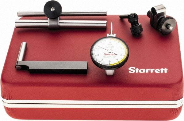 Starrett - 7 Piece, 0" to 0.01" Measuring Range, 1-3/8" Dial Diam, 0-5-0 Dial Reading, White Dial Test Indicator Kit - 13/16" Contact Point Length, 2mm Ball Diam, 0.0001" Dial Graduation - All Tool & Supply