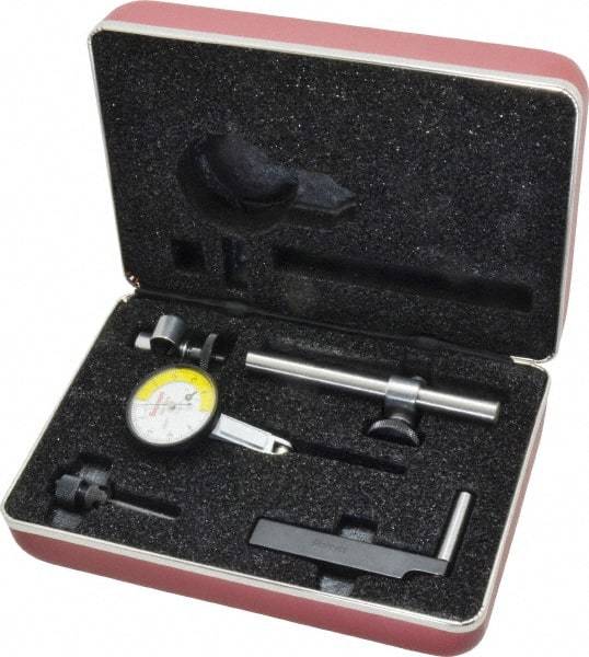 Starrett - 7 Piece, 0" to 0.02" Measuring Range, 1-3/8" Dial Diam, 0-5-0 Dial Reading, White Dial Test Indicator Kit - 13/16" Contact Point Length, 2mm Ball Diam, 0.0001" Dial Graduation - All Tool & Supply