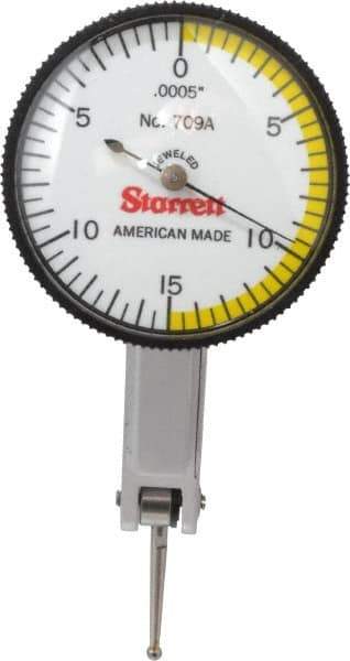 Starrett - 0.03 Inch Range, 0.0005 Inch Dial Graduation, Horizontal Dial Test Indicator - 1-3/8 Inch White Dial, 0-15-0 Dial Reading - All Tool & Supply