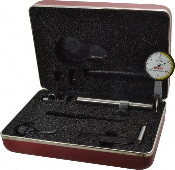 Starrett - 7 Piece, 0" to 0.03" Measuring Range, 1-3/8" Dial Diam, 0-15-0 Dial Reading, White Dial Test Indicator Kit - 13/16" Contact Point Length, 2mm Ball Diam, 0.0005" Dial Graduation - All Tool & Supply