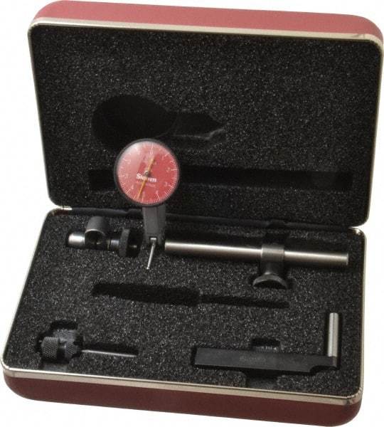 Starrett - 7 Piece, 0" to 0.01" Measuring Range, 1-3/8" Dial Diam, 0-5-0 Dial Reading, Red Dial Test Indicator Kit - 13/16" Contact Point Length, 2mm Ball Diam, 0.0001" Dial Graduation - All Tool & Supply