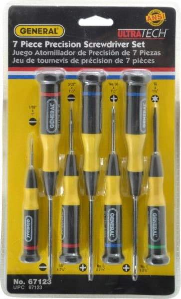 General - 7 Piece Phillips, Slotted & Torx Screwdriver Set - Bit Sizes: Philips #00 to #1, Torx T6 - All Tool & Supply