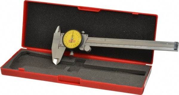 Starrett - 0mm to 150mm Range, 0.02 mm Graduation, 2mm per Revolution, Dial Caliper - Yellow Face, 1-1/2" Jaw Length, Accurate to 0.03mm - All Tool & Supply