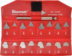 Starrett - 17 Piece, 1/64 to 17/64 Inch Radius, Stainless Steel Radius Gage Set - Satin Chrome Coated - All Tool & Supply