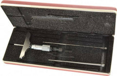 Starrett - 0 to 3" Range, 3 Rod, Satin Chrome Finish Mechanical Depth Micrometer - Ratchet Stop Thimble, 3" Base Length, 0.01mm Graduation, 5/32" Rod Diam - All Tool & Supply