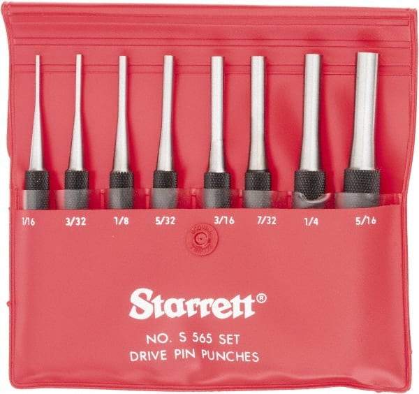 Starrett - 8 Piece, 1/16 to 5/16", Pin Punch Set - Round Shank, Comes in Vinyl Pouch - All Tool & Supply