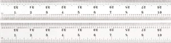 Starrett - 36" Long, 1/100, 1/64, 1/32, 1/16" Graduation, Rigid Spring Steel Rule - 7R Graduation Style, 1-1/4" Wide, Silver, Satin Chrome Finish - All Tool & Supply