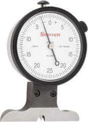 Starrett - 0 to 1/8 Inch Range, Ground Steel, White Dial Depth Gage - 0.0005 Inch Graduation, 0.001 Inch Accuracy, 2-1/2 Inch Base Measuring Length - All Tool & Supply