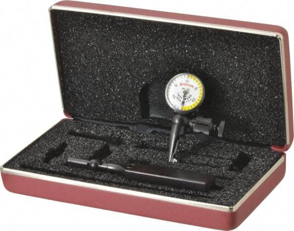 Starrett - 4 Piece, 0" to 0.03" Measuring Range, 15/16" Dial Diam, 0-15-0 Dial Reading, White & Yellow Dial Test Indicator Kit - 5/32" Contact Point Length, 3mm Ball Diam, 0.001" Dial Graduation - All Tool & Supply