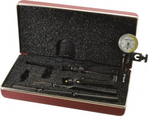 Starrett - 11 Piece, 0mm to 0.7mm Measuring Range, 15/16" Dial Diam, 0-35-0 Dial Reading, White & Yellow Dial Test Indicator Kit - 5/32" Contact Point Length, 0.9, 1.6 & 3mm Ball Diam, 0.01mm Dial Graduation - All Tool & Supply