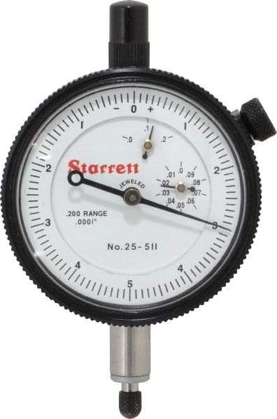 Starrett - 0.2" Range, 0-5-0 Dial Reading, 0.0001" Graduation Dial Drop Indicator - 2-1/4" Dial, 0.01" Range per Revolution, Revolution Counter - All Tool & Supply