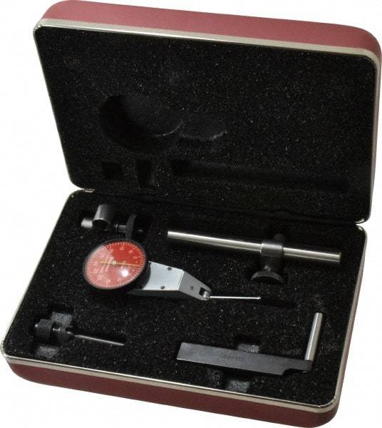 Starrett - 7 Piece, 0" to 0.06" Measuring Range, 1-3/8" Dial Diam, 0-30-0 Dial Reading, Red Dial Test Indicator Kit - 1-5/16" Contact Point Length, 2mm Ball Diam, 0.001" Dial Graduation - All Tool & Supply