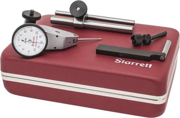 Starrett - 7 Piece, 0" to 0.06" Measuring Range, 1-3/8" Dial Diam, 0-30-0 Dial Reading, White Dial Test Indicator Kit - 1-5/16" Contact Point Length, 2mm Ball Diam, 0.001" Dial Graduation - All Tool & Supply