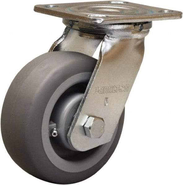 Hamilton - 5" Diam x 2" Wide x 6-1/2" OAH Top Plate Mount Swivel Caster - Rubber Mold on Polyolefin, 350 Lb Capacity, Straight Roller Bearing, 4 x 4-1/2" Plate - All Tool & Supply