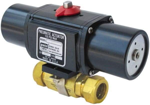 Gemini Valve - 3/4" Pipe, 1,000 psi WOG Rating Brass Pneumatic Spring Return with Solenoid Actuated Ball Valve - Reinforced PTFE Seal, Standard Port, TYLOK (Compression) End Connection - All Tool & Supply