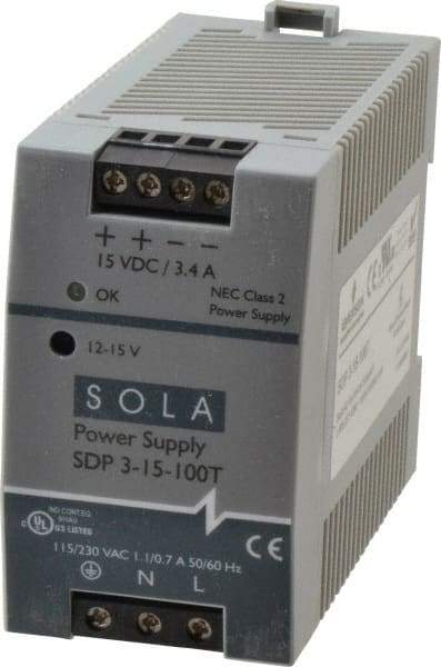 Sola/Hevi-Duty - 100 Watt, 4.2 to 3.4 Amp, 264 VAC, 375 VDC Input, 12 to 15 VDC Output, DIN Rail Power Supply - Screw Terminal Connection, 1 Output, 1.77 Inch Wide x 3.58 Inch Deep x 2.95 Inch High, Up to 86% Efficiency, 14 to 140°F, Green LED Display - All Tool & Supply