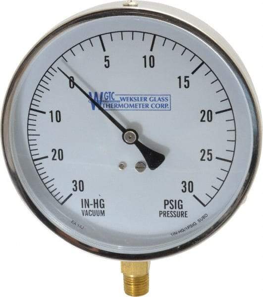 WGTC - 4-1/2" Dial, 1/4 Thread, 30-0-30 Scale Range, Pressure Gauge - Lower Connection Mount, Accurate to 1% of Scale - All Tool & Supply