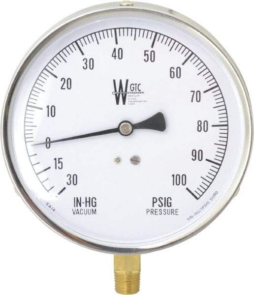 WGTC - 4-1/2" Dial, 1/4 Thread, 30-0-100 Scale Range, Pressure Gauge - Lower Connection Mount, Accurate to 1% of Scale - All Tool & Supply