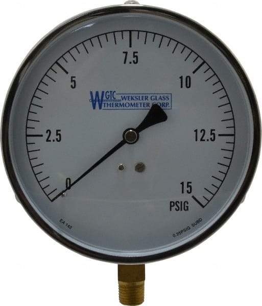 WGTC - 4-1/2" Dial, 1/4 Thread, 0-15 Scale Range, Pressure Gauge - Lower Connection Mount, Accurate to 1% of Scale - All Tool & Supply