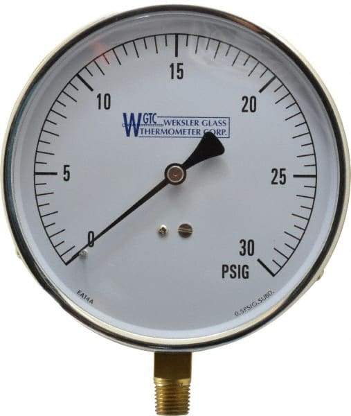 WGTC - 4-1/2" Dial, 1/4 Thread, 0-30 Scale Range, Pressure Gauge - Lower Connection Mount, Accurate to 1% of Scale - All Tool & Supply