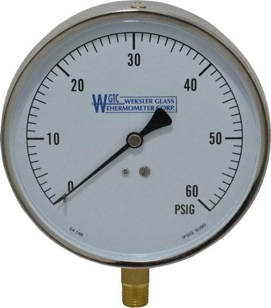 WGTC - 4-1/2" Dial, 1/4 Thread, 0-60 Scale Range, Pressure Gauge - Lower Connection Mount, Accurate to 1% of Scale - All Tool & Supply