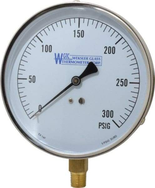 WGTC - 4-1/2" Dial, 1/4 Thread, 0-300 Scale Range, Pressure Gauge - Lower Connection Mount, Accurate to 1% of Scale - All Tool & Supply