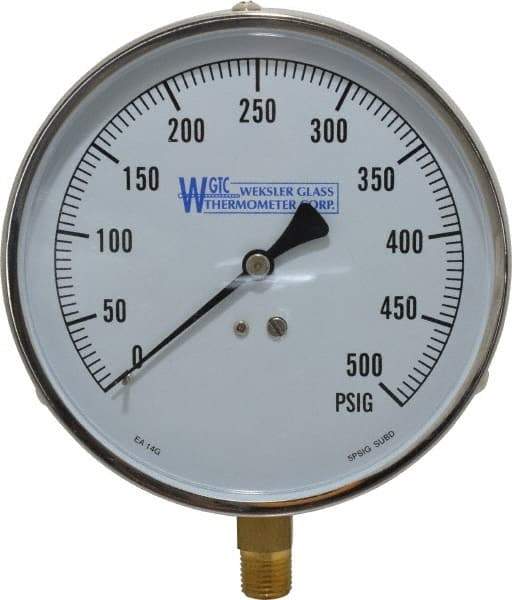 WGTC - 4-1/2" Dial, 1/4 Thread, 0-500 Scale Range, Pressure Gauge - Lower Connection Mount, Accurate to 1% of Scale - All Tool & Supply