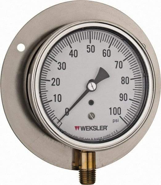 Made in USA - 3-1/2" Dial, 1/4 Thread, 0-100 Scale Range, Pressure Gauge - Lower Connection Mount, Accurate to 1% of Scale - All Tool & Supply