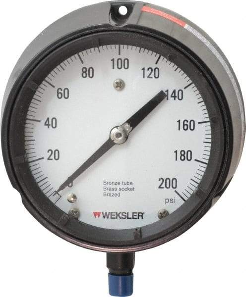 Made in USA - 4-1/2" Dial, 1/4 Thread, 0-200 Scale Range, Pressure Gauge - Lower Connection Mount, Accurate to 1% of Scale - All Tool & Supply