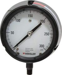 Made in USA - 4-1/2" Dial, 1/4 Thread, 0-300 Scale Range, Pressure Gauge - Lower Connection Mount, Accurate to 1% of Scale - All Tool & Supply