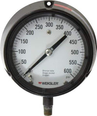 Made in USA - 4-1/2" Dial, 1/4 Thread, 0-600 Scale Range, Pressure Gauge - Lower Connection Mount, Accurate to 1% of Scale - All Tool & Supply