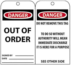 NMC - 3" High x 6" Long, DANGER - OUT OF ORDER, English Safety & Facility Accident Prevention Tag - Tag Header: Danger, 2 Sides, Black, Red & White Unrippable Vinyl - All Tool & Supply