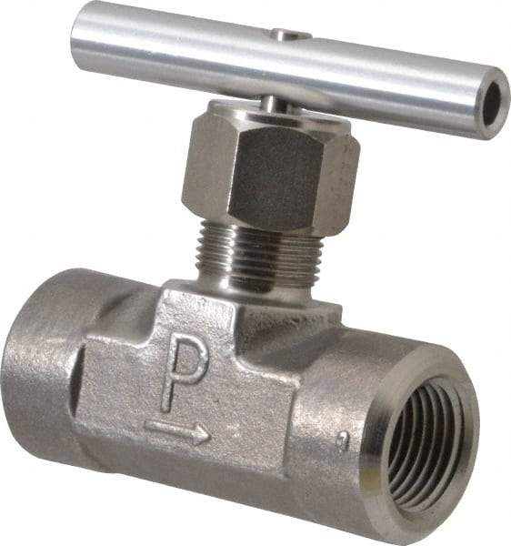 Parker - 5,000 Max psi, 1/2" Pipe, 316 Grade Stainless Steel, Inline Instrumentation Needle Valve - FNPT x FNPT End Connections - All Tool & Supply