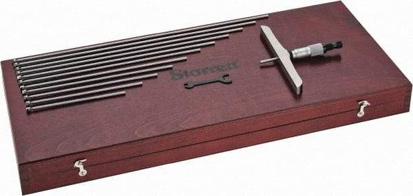 Starrett - 0 to 12" Range, 12 Rod, Satin Chrome Finish Mechanical Depth Micrometer - Ratchet Stop Thimble, 6" Base Length, 0.001" Graduation, 5/32" Rod Diam - All Tool & Supply