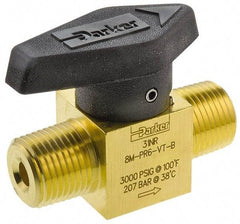 Parker - 1/8" Pipe, 3,000 psi WOG Rating, Brass, Inline, One Way Instrumentation Plug Valve - Wedge Handle, MNPT x MNPT End Connections, Viton Seal - All Tool & Supply